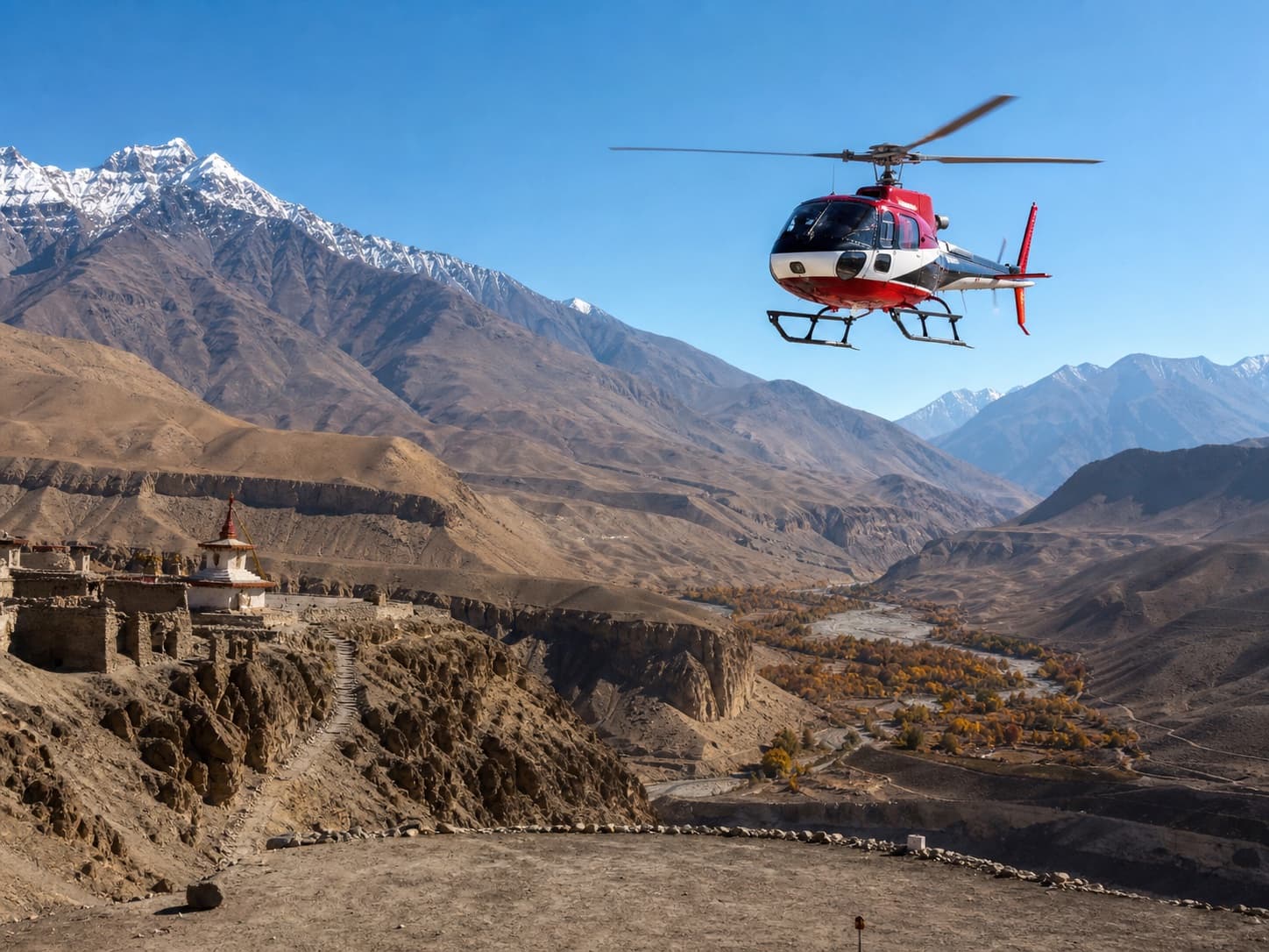 Helicopter on a Himalayan landing pad in Nepal